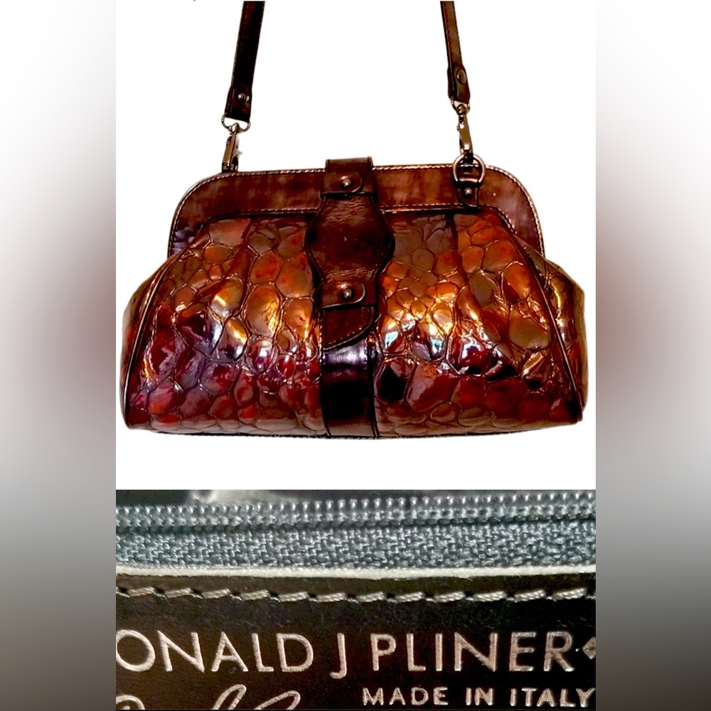 Donald J Pliner Italian Designer Women Purse Tortoise Emboss Patent Leather Bag